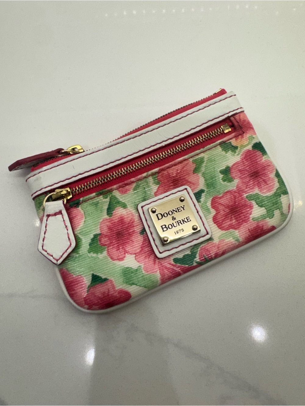 Dooney & Bourke Pink Floral Zip Card Pouch with White Trim